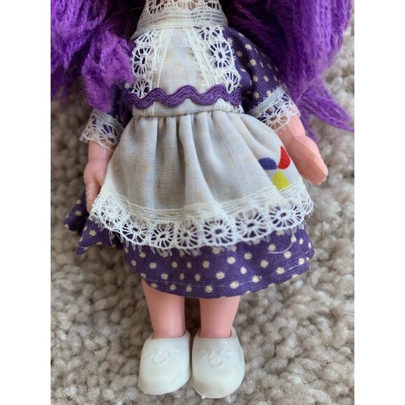 Vintage Purple‎ Yarn-Haired Doll With Polka Dot Dress & Lace Details - 6" Tall - Picture 3 of 7